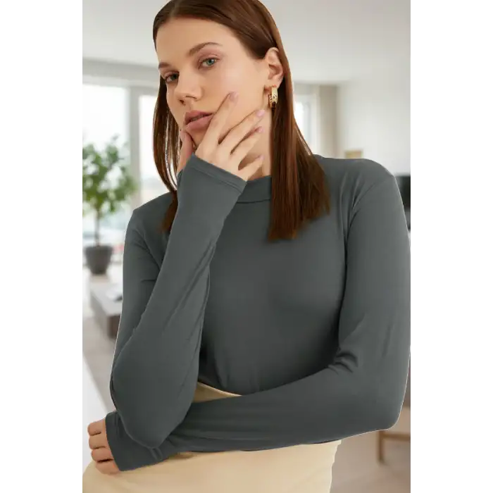 Kadın Antrasit Gri Parmak Detaylı Esnek Uzun Kollu Body