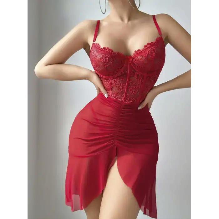 Kadın Ateş Kırmızısı Önden Yırtmaçlı Tül Fantezi Gecelik 2241