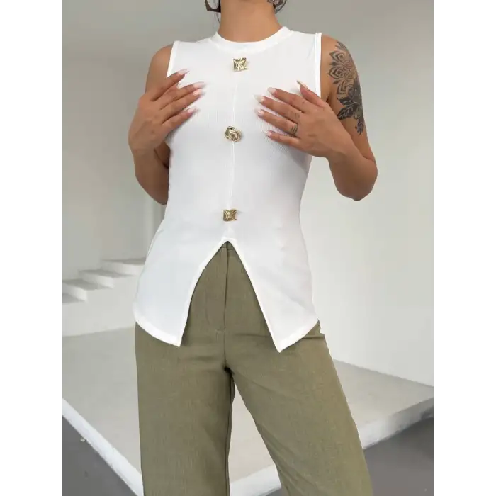 Kadın beyaz bisiklet yaka gold düğmeli ottoman bluz s2310