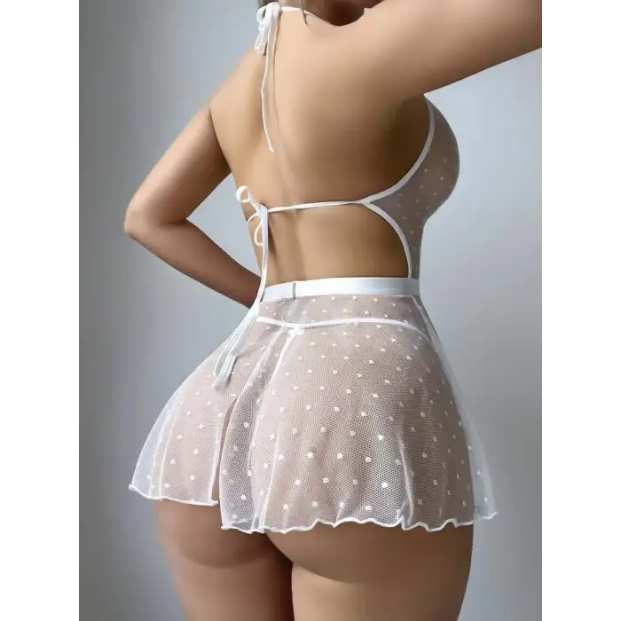 Kadın Beyaz Fantezi Gecelik Tül Nokta Desenli 2207