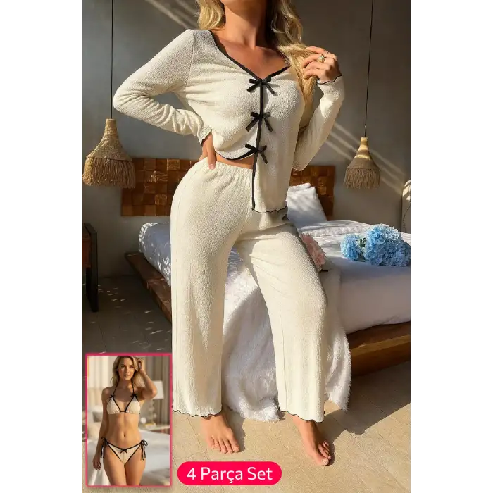 Kadın Beyaz Fiyonklu İç Çamaşırı ve Uzun Kollu V Yaka Pijama Takımı 4lü Set