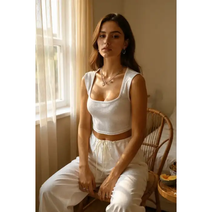 Kadın Beyaz Kare Yaka Kalınlaşan Omuz Detaylı Crop Top Bluz – Şık, Rahat ve Kolay Kombinlenebilir