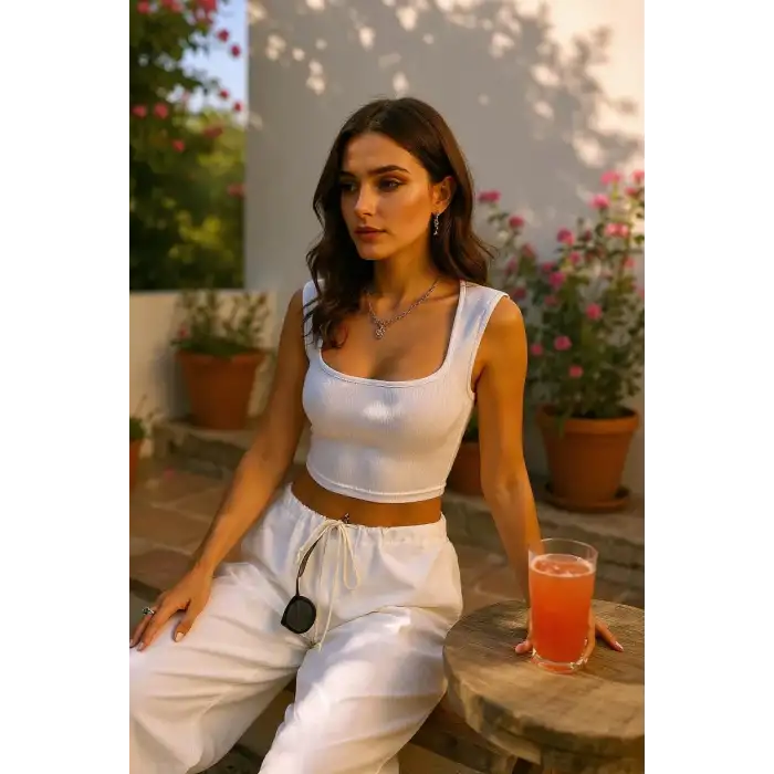 Kadın Beyaz Kare Yaka Kalınlaşan Omuz Detaylı Crop Top Bluz – Şık, Rahat ve Kolay Kombinlenebilir