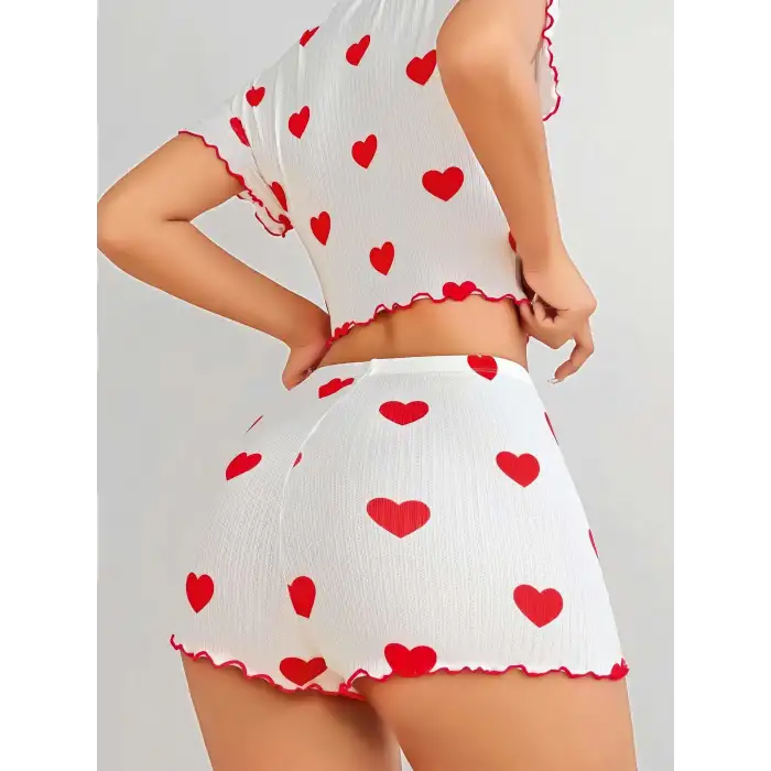 Kadın Beyaz kırmızı kalp Desenli şortlu Gecelik Takım 5023