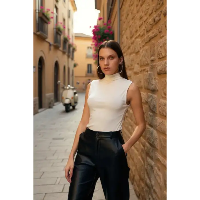 Kadın Beyaz Kolsuz Balıkçı Yaka Basic Bluz