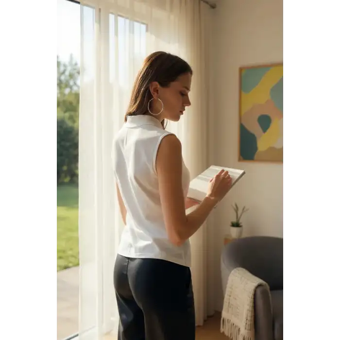 Kadın Beyaz Kolsuz Balıkçı Yaka Basic Bluz