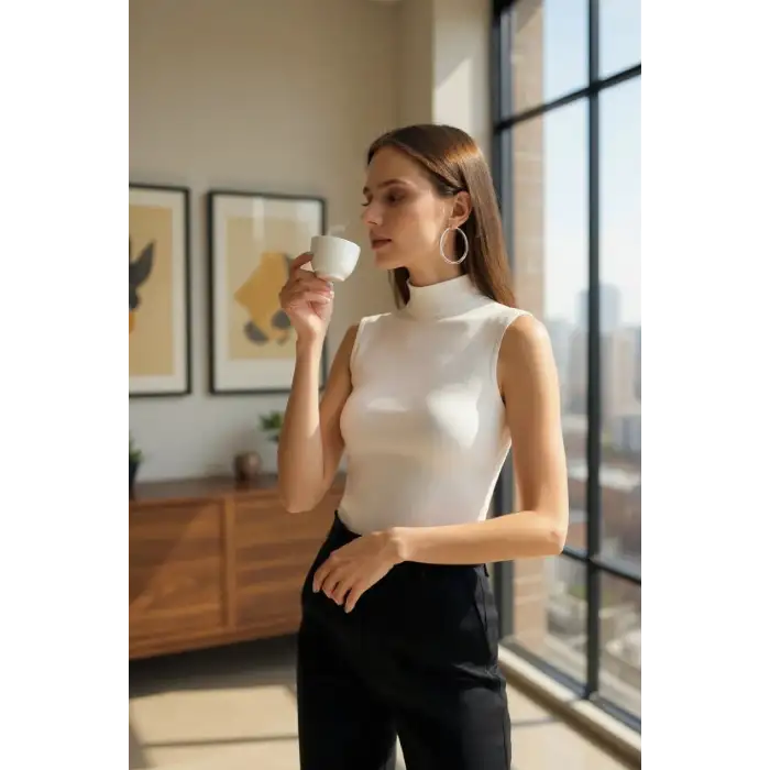 Kadın Beyaz Kolsuz Balıkçı Yaka Basic Bluz