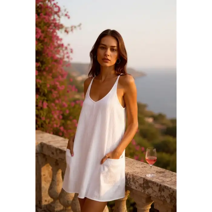 Kadın Beyaz Mini Cepli Tulum Plaj Elbisesi – Şık, Rahat ve 4 Mevsim Kullanıma Uygun