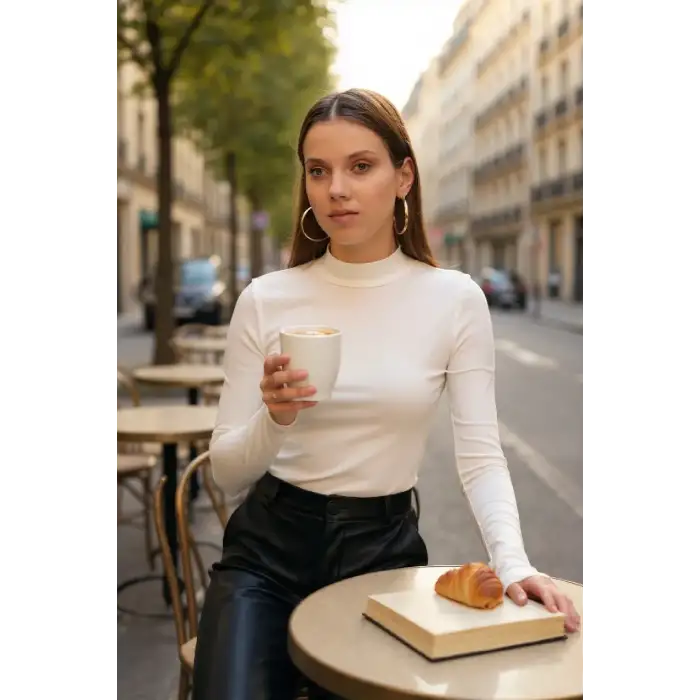 Kadın Beyaz Parmak Detaylı Esnek Uzun Kollu Body