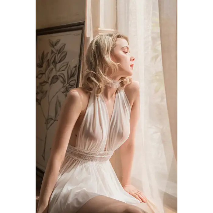 Kadın Beyaz Sırtı Açık Beli Dantelli Gecelik  Takım