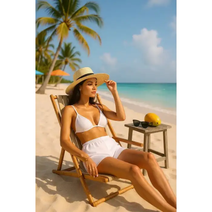 Kadın Beyaz Şortlu Belden ve Boyundan Bağlamalı Bikini Takımı – Modern, Konforlu ve Günlük Kombinlere Uygun