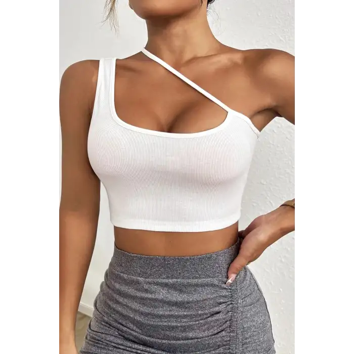 Kadın Beyaz Tek Omuzlu Çapraz Askılı Crop Top Büstiyer