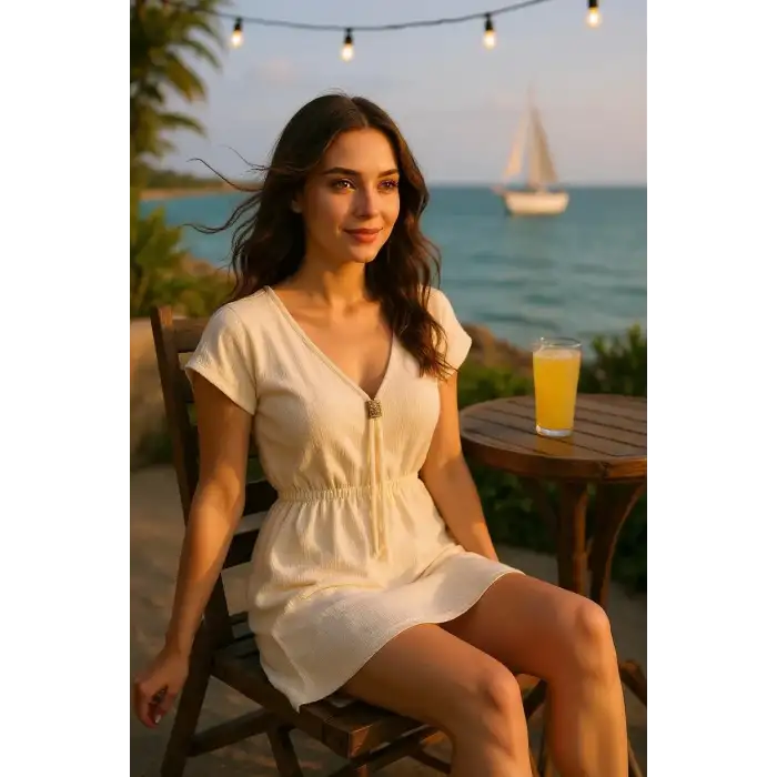 Kadın Beyaz Yanları Yırtmaçlı Tokalı V Yaka Mini Plaj Elbisesi – Şık, Rahat ve 4 Mevsim Kullanıma Uygun