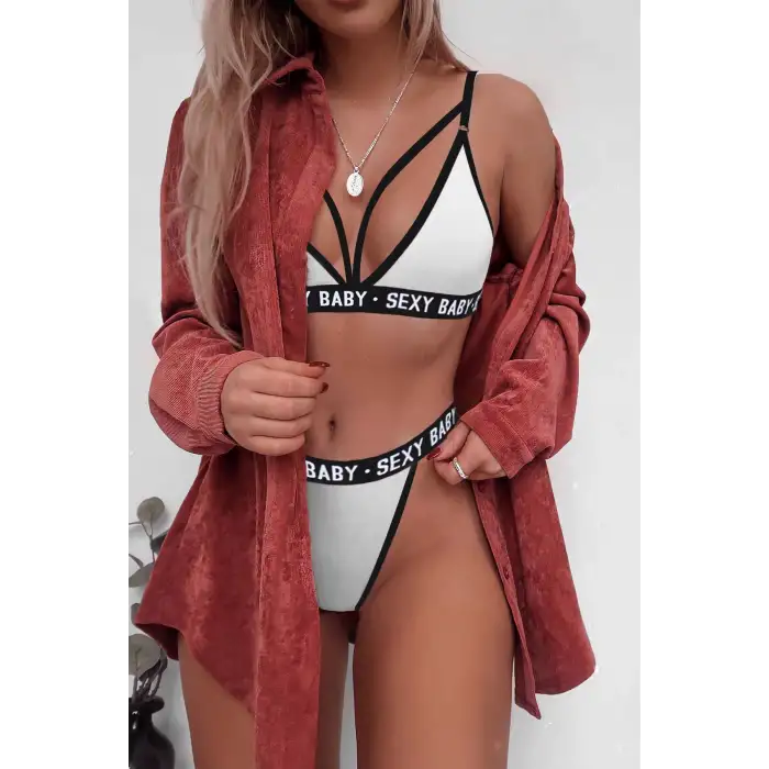 Kadın Beyaz Yazı Detaylı Ipli Sütyen Takımı – Modern, Konforlu ve Günlük Kombinlere Uygun