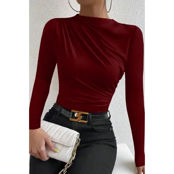 Kadın Bordo Belden ve Boyundan Büzgü Detaylı Uzun Kollu Bluz