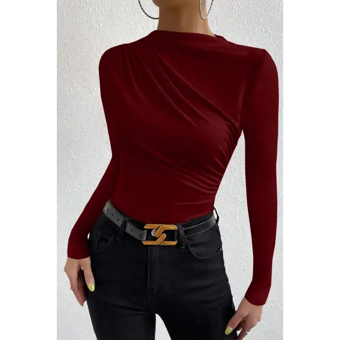 Kadın Bordo Belden ve Boyundan Büzgü Detaylı Uzun Kollu Bluz