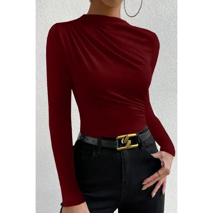 Kadın Bordo Belden ve Boyundan Büzgü Detaylı Uzun Kollu Bluz