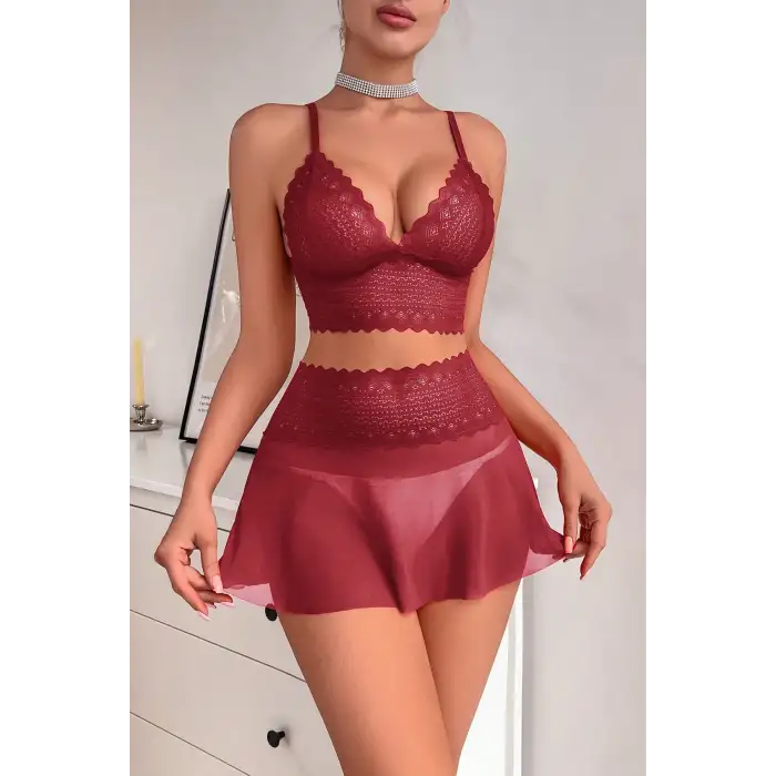 Kadın Bordo Dantel ve Tül Detaylı Etekli Şık Gecelik Takımı – Modern, Konforlu