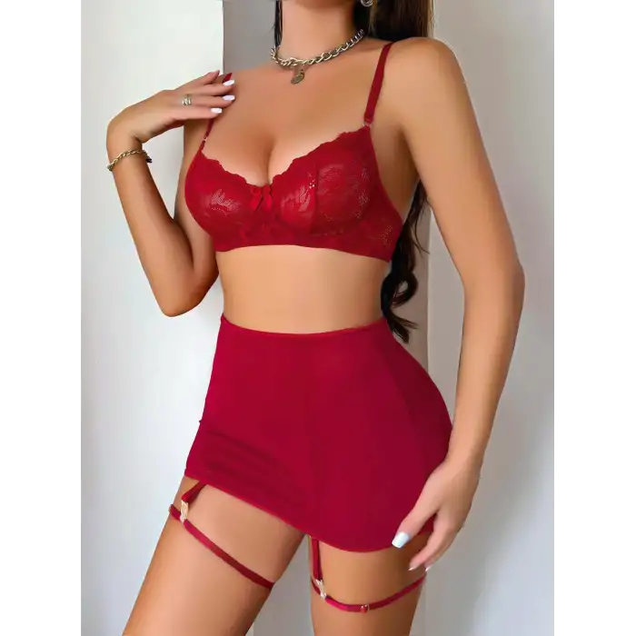 Kadın Bordo Etek Fantezi Jartiyer Sexy Gecelik Takım 2151