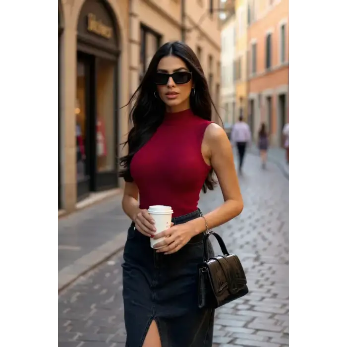 Kadın Bordo Kolsuz Balıkçı Yaka Basic Bluz