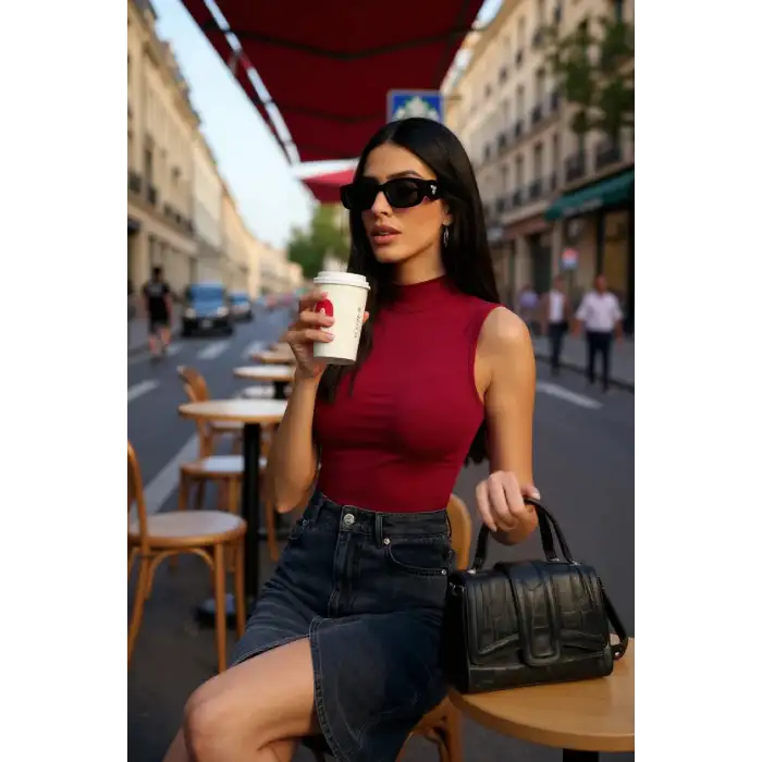 Kadın Bordo Kolsuz Balıkçı Yaka Basic Bluz