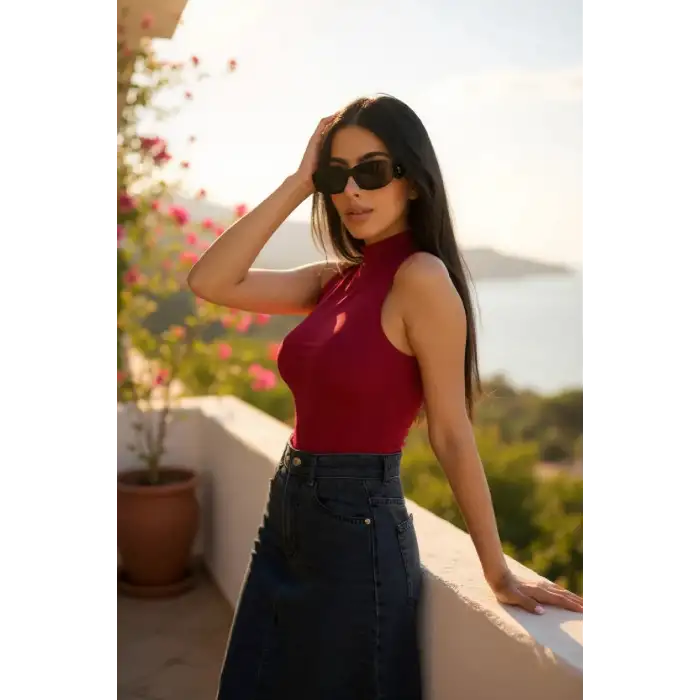 Kadın Bordo Kolsuz Balıkçı Yaka Basic Bluz