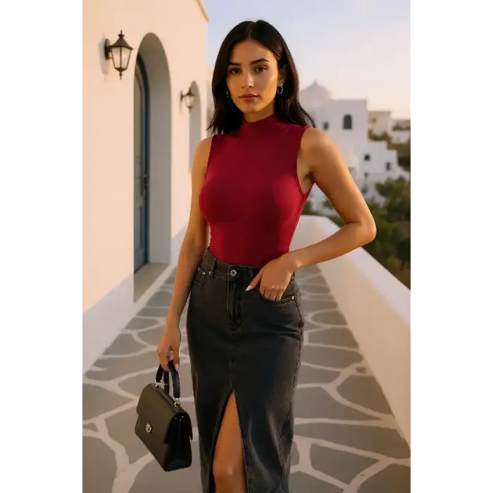 Kadın Bordo Kolsuz Balıkçı Yaka Basic Bluz