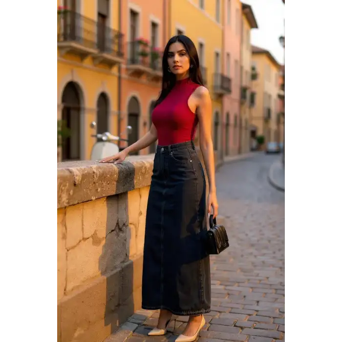 Kadın Bordo Kolsuz Balıkçı Yaka Basic Bluz