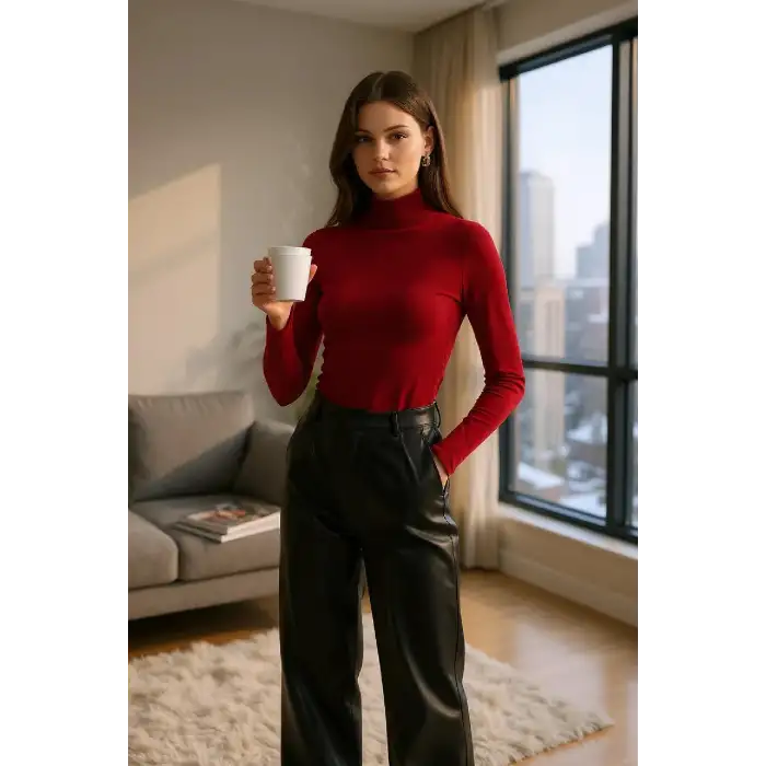 Kadın Bordo Parmak Detaylı Esnek Uzun Kollu Body