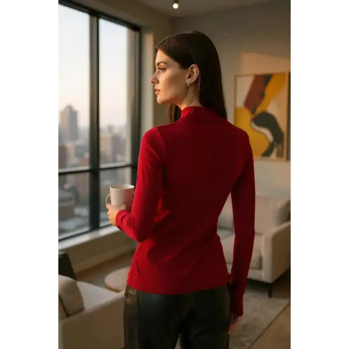 Kadın Bordo Parmak Detaylı Esnek Uzun Kollu Body