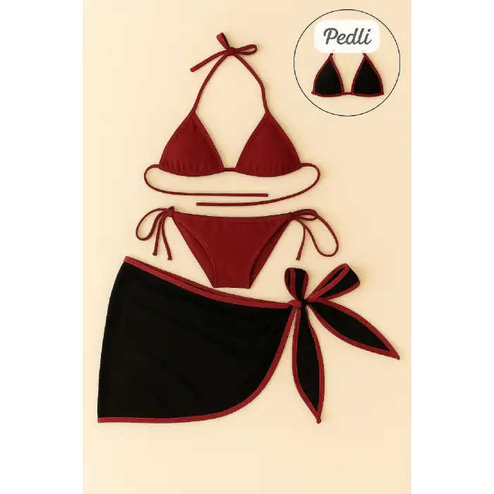 Kadın Bordo Siyah Pareolu Yandan ve Boyundan Bağlamalı 3lü Bikini Takımı – Modern, Konforlu ve Günlük Kombinlere Uygun