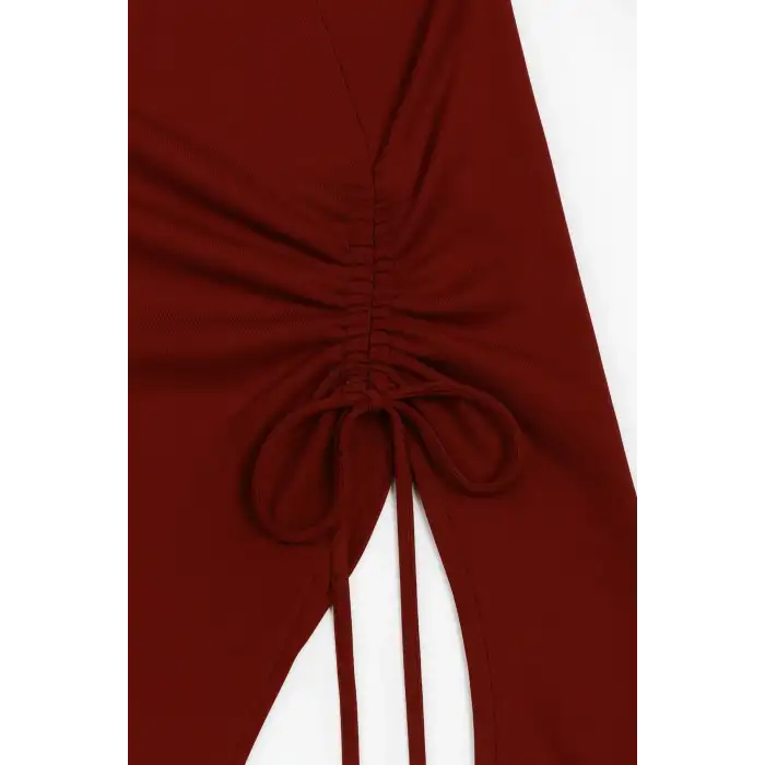 Kadın Bordo Uzun İspanyol Kollu Asimetirik Yaka Yandan Bağlamalı Drapeli Bluz