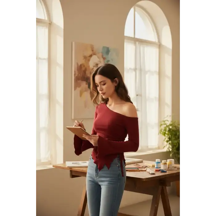 Kadın Bordo Uzun İspanyol Kollu Asimetirik Yaka Yandan Bağlamalı Drapeli Bluz