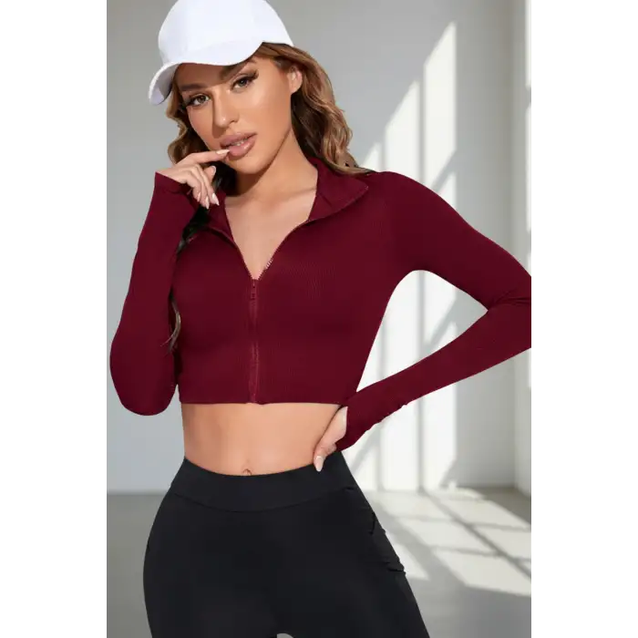 Kadın Bordo Uzun Kol Fermuarlı Parmak Geçme Detaylı Dik Yaka Crop Top Bluz