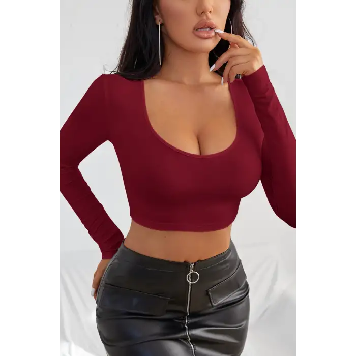 Kadın Bordo Uzun Kol Kare Yaka Crop Top Bluz