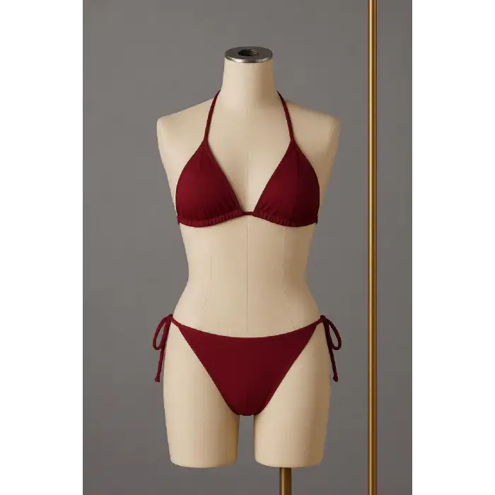 Kadın Bordo Yandan ve Boyundan Bağlamalı Bikini Mayo Takımı