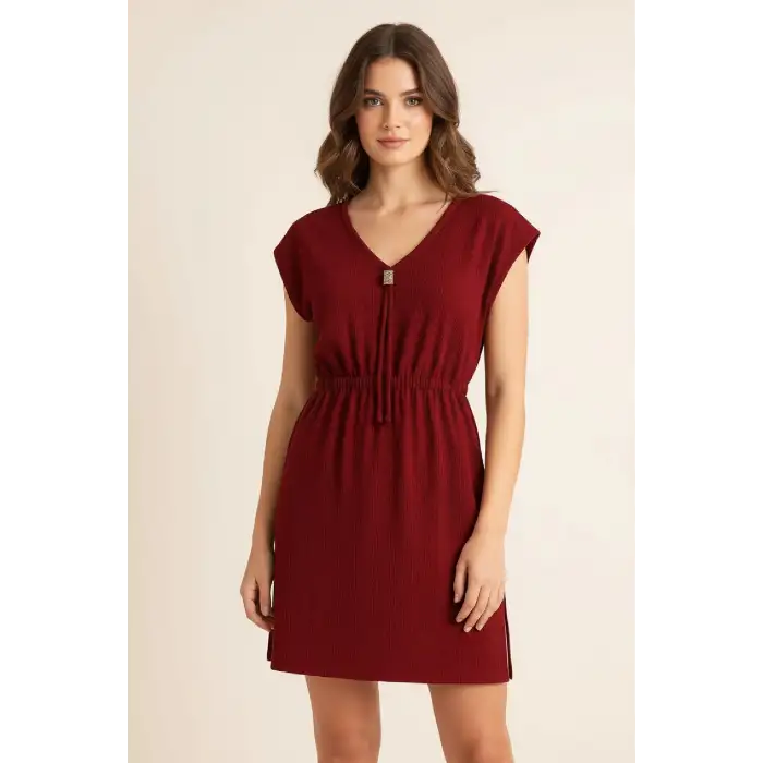 Kadın Bordo Yanları Yırtmaçlı Tokalı V Yaka Mini Plaj Elbisesi