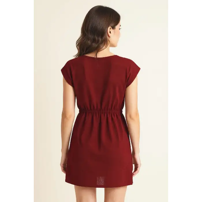 Kadın Bordo Yanları Yırtmaçlı Tokalı V Yaka Mini Plaj Elbisesi