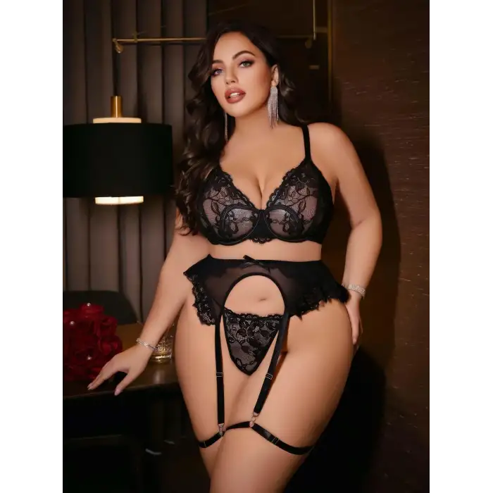 Kadın Büyük beden dantel detaylı fantezi jartiyer takımı 8010