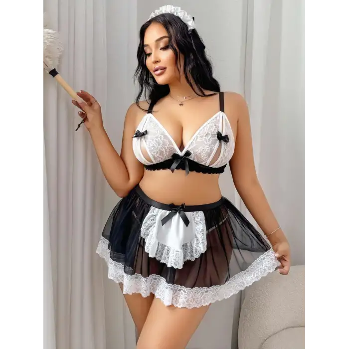 Kadın Büyük Beden  Seksi Hizmetçi Kostüm Fantezi Transparan Tül Fantezi Erotik 8006