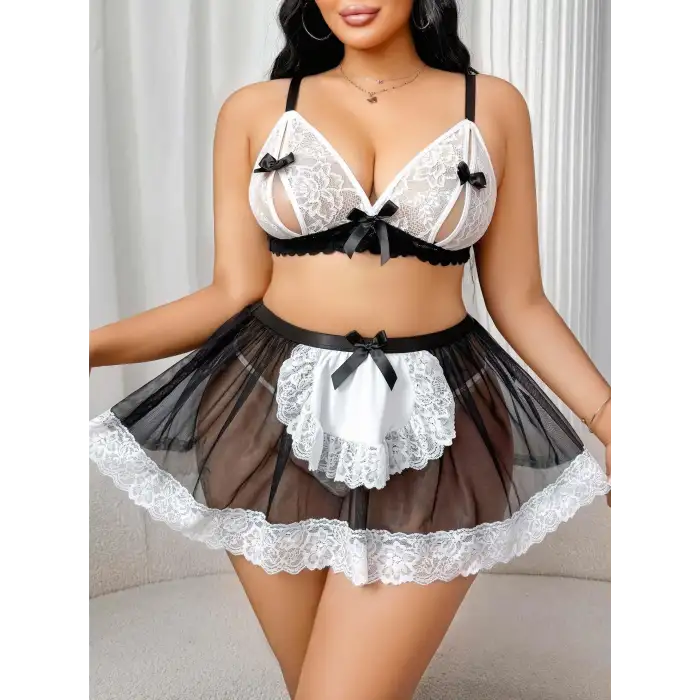 Kadın Büyük Beden  Seksi Hizmetçi Kostüm Fantezi Transparan Tül Fantezi Erotik 8006