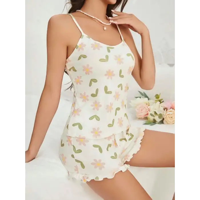 Kadın Ekru Çiçek Baskılı Şortlu Gecelik Pijama Takımı 5047
