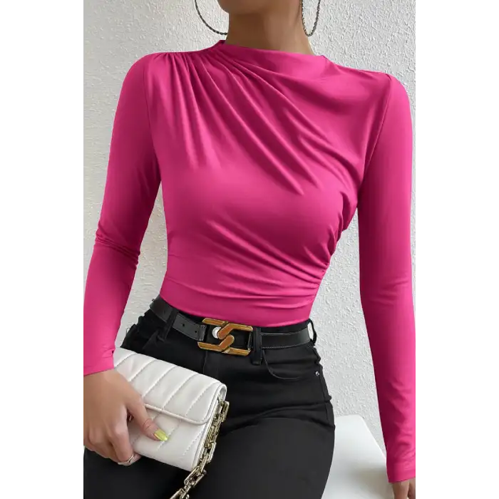 Kadın Fuşya Belden ve Boyundan Büzgü Detaylı Uzun Kollu Bluz