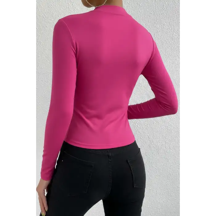 Kadın Fuşya Belden ve Boyundan Büzgü Detaylı Uzun Kollu Bluz