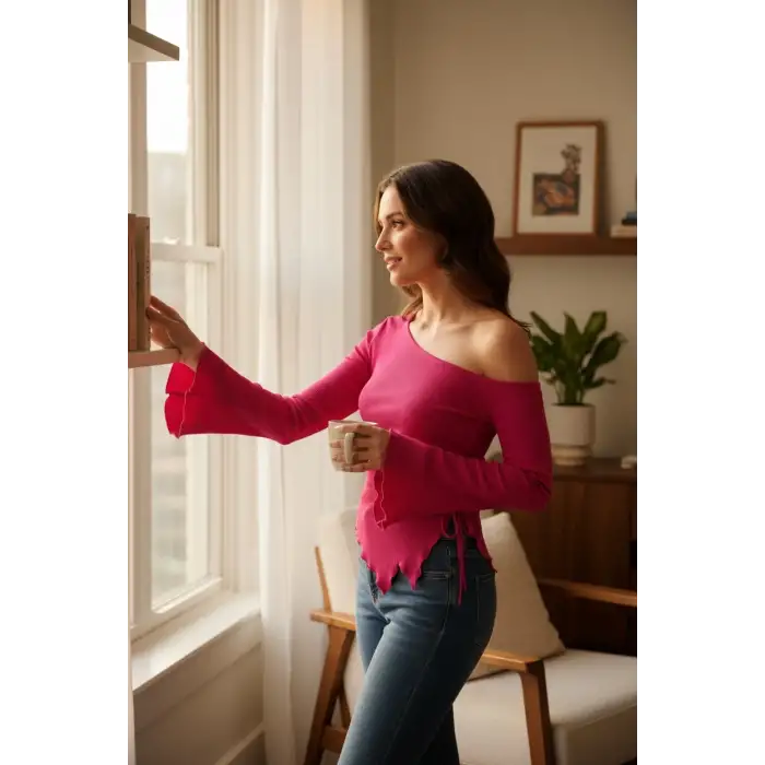 Kadın Fuşya Uzun İspanyol Kollu Asimetirik Yaka Yandan Bağlamalı Drapeli Bluz