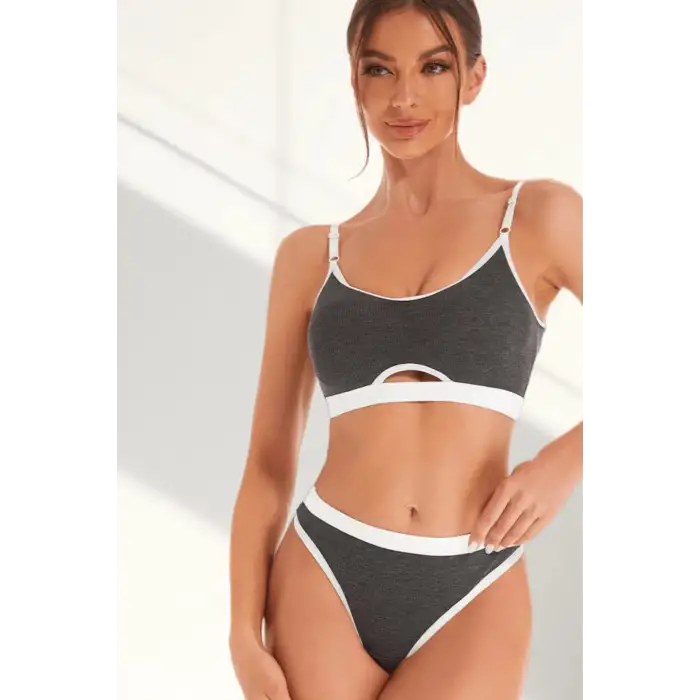 Kadın Gri Antrasit Kaşkorse ve Beyaz Lastikli Cut-Out Tanga Külotlu Takım – Modern, Konforlu