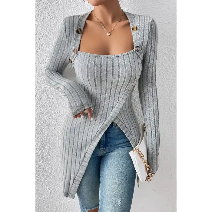 Kadın Gri Düğme Detaylı Kare Yaka Fitilli Asimetrik Etekli Uzun Kollu Bluz