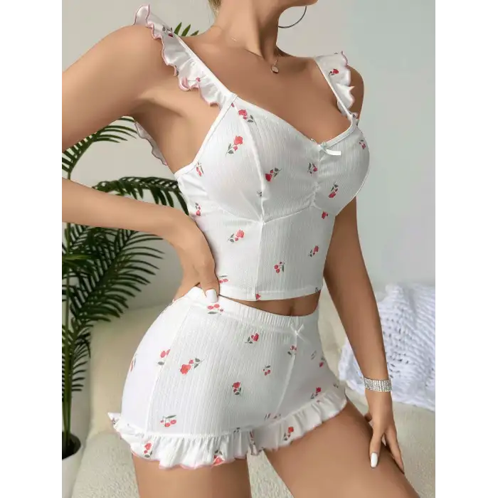 Kadın Gül ve Kiraz Desenli Şortlu Gecelik Takım 5112