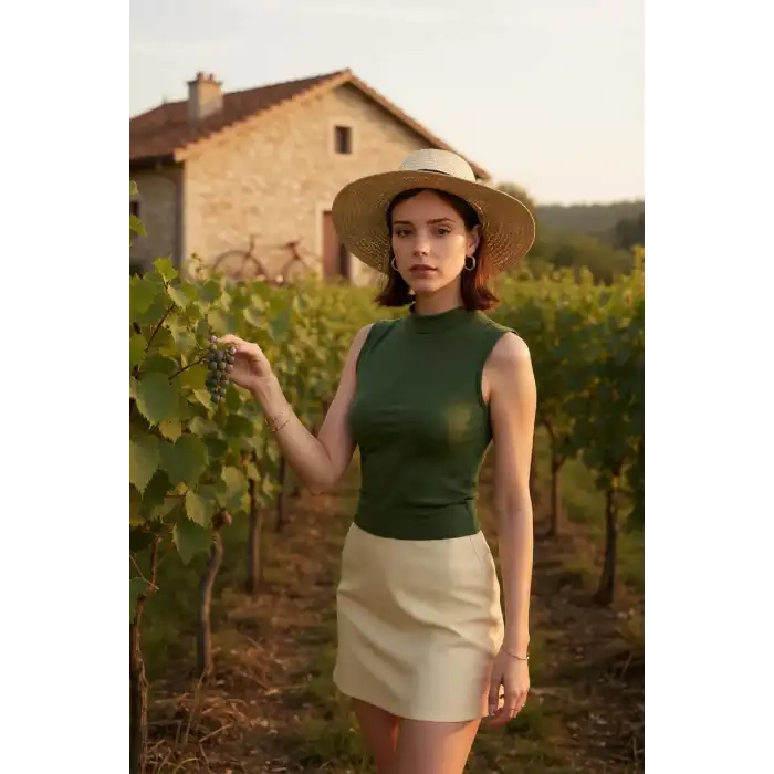 Kadın Haki Yeşili Kolsuz Balıkçı Yaka Basic Bluz