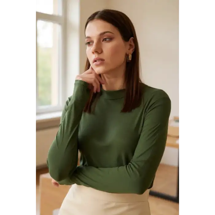 Kadın Haki Yeşili Parmak Detaylı Esnek Uzun Kollu Body